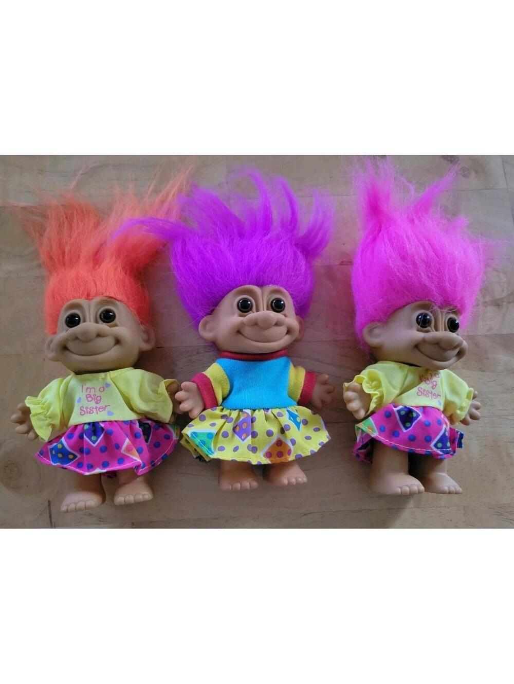 Vintage 90s Russ Berrie Troll Dolls Set of 3 Dressed Clothes Colorful Hair Lot